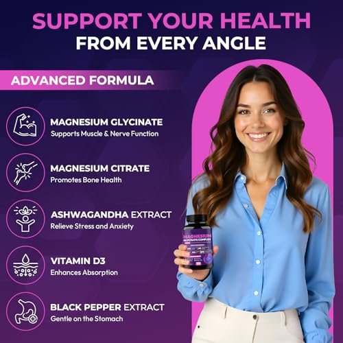 Magnesiumglycinat-Komplex 1150 mg – Magenfreundliche Kapseln mit hoher Absorption, Citrat, Kieselerde, Ashwagandha & Vitamin B6 für besseren Schlaf, Stressabbau & Muskelunterstützung für Erwachsene, Frauen & Männer