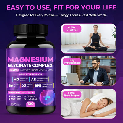 Magnesiumglycinat-Komplex 1150 mg – Magenfreundliche Kapseln mit hoher Absorption, Citrat, Kieselerde, Ashwagandha & Vitamin B6 für besseren Schlaf, Stressabbau & Muskelunterstützung für Erwachsene, Frauen & Männer