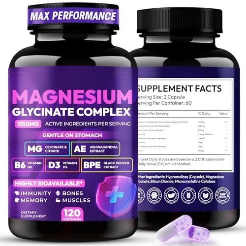 Magnesiumglycinat-Komplex 1150 mg – Magenfreundliche Kapseln mit hoher Absorption, Citrat, Kieselerde, Ashwagandha & Vitamin B6 für besseren Schlaf, Stressabbau & Muskelunterstützung für Erwachsene, Frauen & Männer