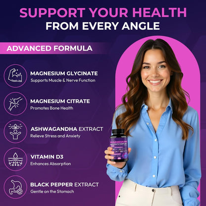 Magnesiumglycinat-Komplex 1150 mg – Magenfreundliche Kapseln mit hoher Absorption, Citrat, Kieselerde, Ashwagandha & Vitamin B6 für besseren Schlaf, Stressabbau & Muskelunterstützung für Erwachsene, Frauen & Männer