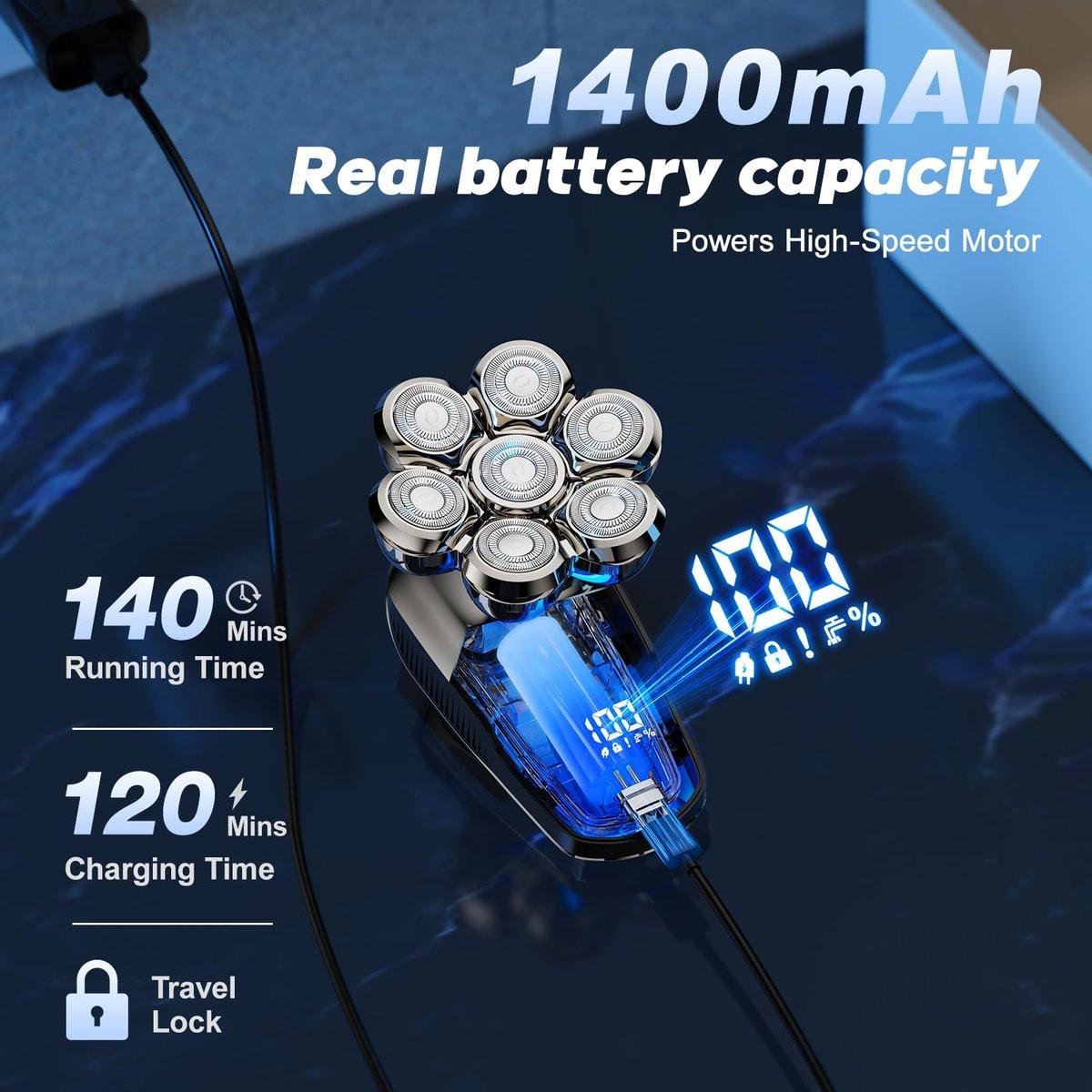 Coklean Kopfrasierer für Männer mit Glatze, 1400mAh Akku, abnehmbarer Rotationsrasierer, LED-Display & 8500 U/min Motor, IPX6 wasserdicht, nass/trocken, Geschenk für Ehemann