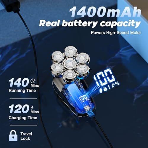 Coklean Kopfrasierer für Männer mit Glatze, 1400mAh Akku, abnehmbarer Rotationsrasierer, LED-Display & 8500 U/min Motor, IPX6 wasserdicht, nass/trocken, Geschenk für Ehemann