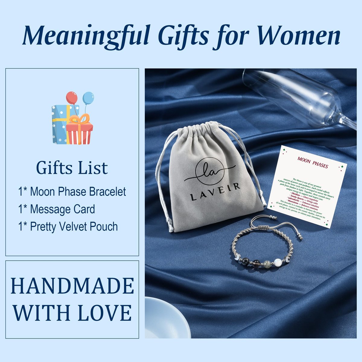 LAVEIR Mondphasen Kristall Heilarmband für Frauen, Naturstein-Armband mit Mondstein, Spirituelles Armband für Intuition, Emotionale Balance, Absichtsfindung, Geschenk für Frauen