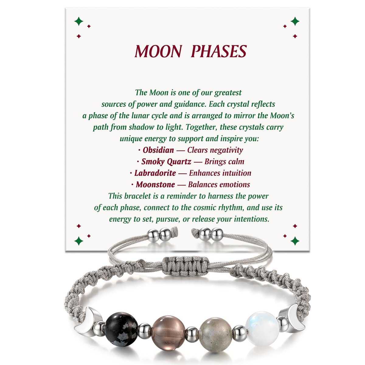 LAVEIR Mondphasen Kristall Heilarmband für Frauen, Naturstein-Armband mit Mondstein, Spirituelles Armband für Intuition, Emotionale Balance, Absichtsfindung, Geschenk für Frauen