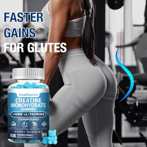 Healtionist 2er-Pack 8000 mg Kreatin HMB Monohydrat Gummis für Männer & Frauen, L-Carnitin, L-Taurin & Vitamin B6, 180 Blaubeer-Gummis (60-Tage-Vorrat)