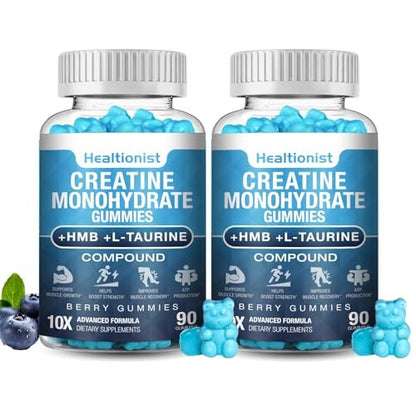 Healtionist 2er-Pack 8000 mg Kreatin HMB Monohydrat Gummis für Männer & Frauen, L-Carnitin, L-Taurin & Vitamin B6, 180 Blaubeer-Gummis (60-Tage-Vorrat)
