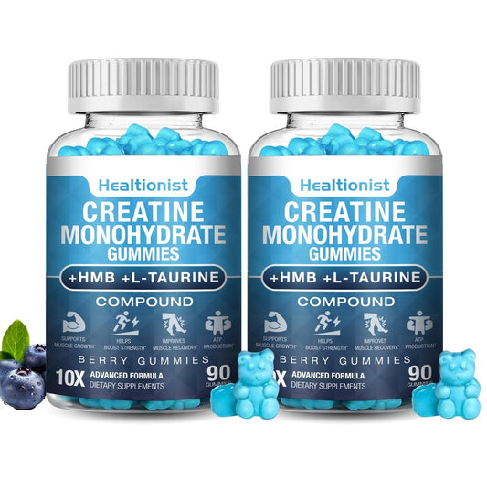 Healtionist 2er-Pack 8000 mg Kreatin HMB Monohydrat Gummis für Männer & Frauen, L-Carnitin, L-Taurin & Vitamin B6, 180 Blaubeer-Gummis (60-Tage-Vorrat)