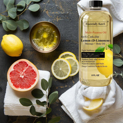 Essentially KateS Zitronen (D-Limonen) Massageöl Körperöl Mehrzwecköl 240 ml - Anti-Cellulite Massage, Feuchtigkeitspflege nach dem Duschen, Haarkopfhautpflege, Nagel- und Nagelhautpflege