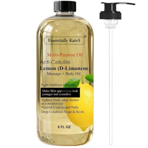 Essentially KateS Zitronen (D-Limonen) Massageöl Körperöl Mehrzwecköl 240 ml - Anti-Cellulite Massage, Feuchtigkeitspflege nach dem Duschen, Haarkopfhautpflege, Nagel- und Nagelhautpflege