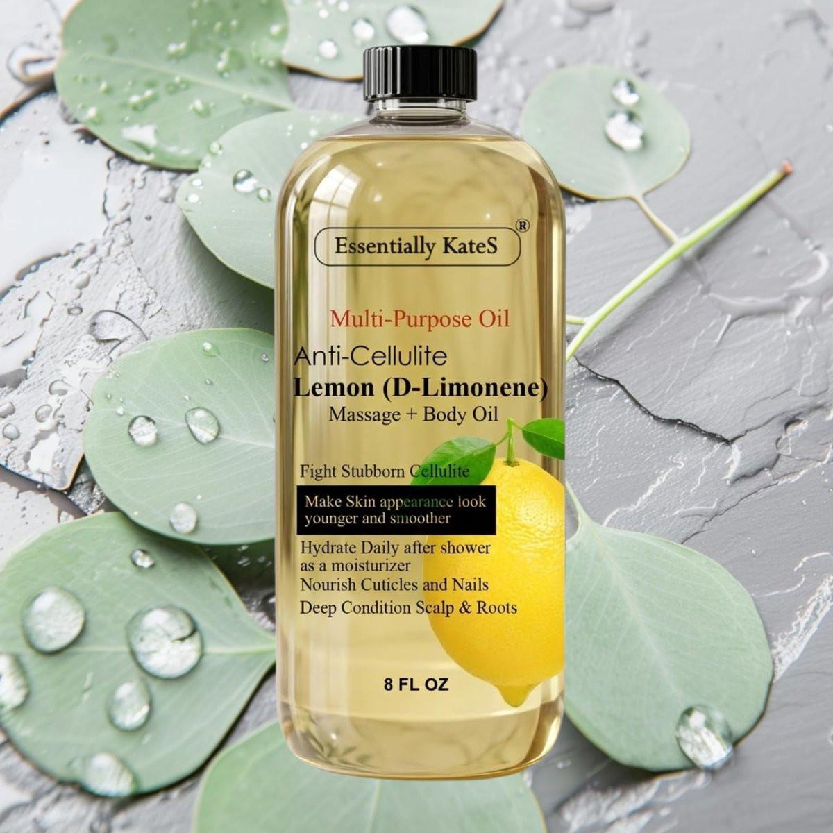 Essentially KateS Zitronen (D-Limonen) Massageöl Körperöl Mehrzwecköl 240 ml - Anti-Cellulite Massage, Feuchtigkeitspflege nach dem Duschen, Haarkopfhautpflege, Nagel- und Nagelhautpflege