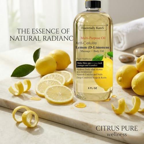 Essentially KateS Zitronen (D-Limonen) Massageöl Körperöl Mehrzwecköl 240 ml - Anti-Cellulite Massage, Feuchtigkeitspflege nach dem Duschen, Haarkopfhautpflege, Nagel- und Nagelhautpflege