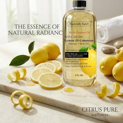 Essentially KateS Zitronen (D-Limonen) Massageöl Körperöl Mehrzwecköl 240 ml - Anti-Cellulite Massage, Feuchtigkeitspflege nach dem Duschen, Haarkopfhautpflege, Nagel- und Nagelhautpflege
