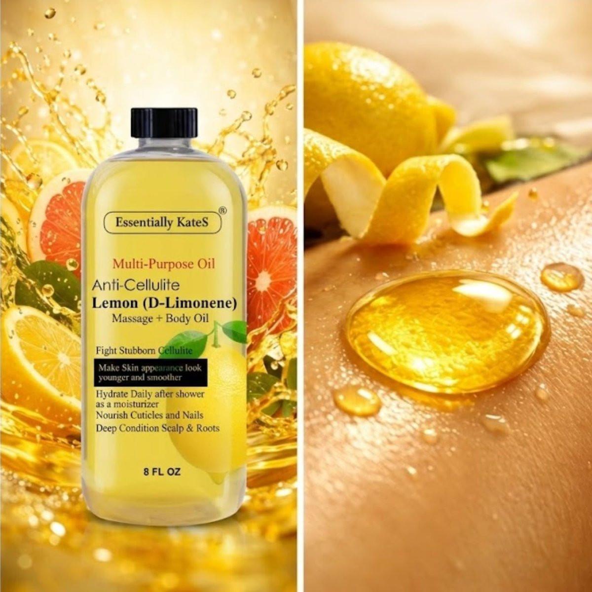 Essentially KateS Zitronen (D-Limonen) Massageöl Körperöl Mehrzwecköl 240 ml - Anti-Cellulite Massage, Feuchtigkeitspflege nach dem Duschen, Haarkopfhautpflege, Nagel- und Nagelhautpflege