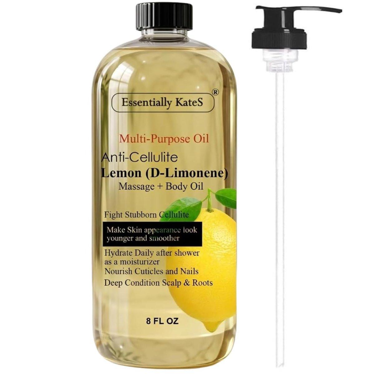 Essentially KateS Zitronen (D-Limonen) Massageöl Körperöl Mehrzwecköl 240 ml - Anti-Cellulite Massage, Feuchtigkeitspflege nach dem Duschen, Haarkopfhautpflege, Nagel- und Nagelhautpflege