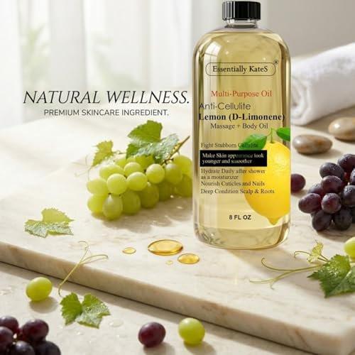 Essentially KateS Zitronen (D-Limonen) Massageöl Körperöl Mehrzwecköl 240 ml - Anti-Cellulite Massage, Feuchtigkeitspflege nach dem Duschen, Haarkopfhautpflege, Nagel- und Nagelhautpflege
