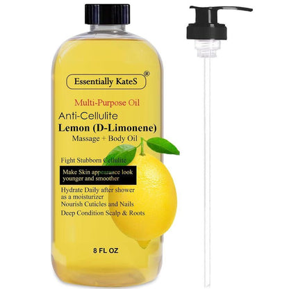 Essentially KateS Zitronen (D-Limonen) Massageöl Körperöl Mehrzwecköl 240 ml - Anti-Cellulite Massage, Feuchtigkeitspflege nach dem Duschen, Haarkopfhautpflege, Nagel- und Nagelhautpflege