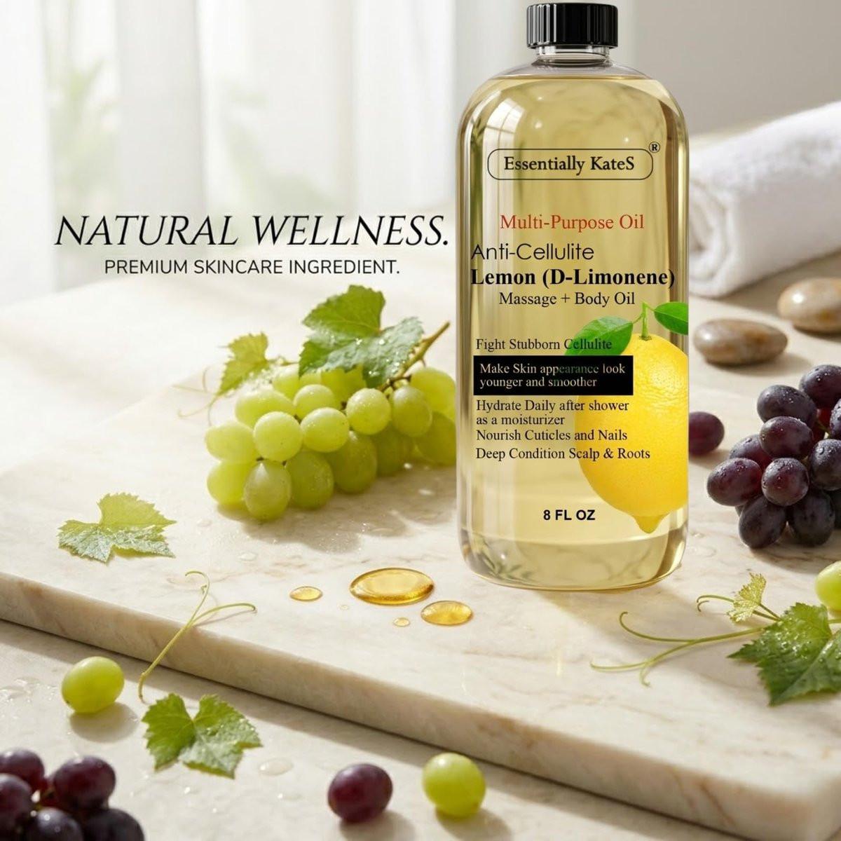 Essentially KateS Zitronen (D-Limonen) Massageöl Körperöl Mehrzwecköl 240 ml - Anti-Cellulite Massage, Feuchtigkeitspflege nach dem Duschen, Haarkopfhautpflege, Nagel- und Nagelhautpflege