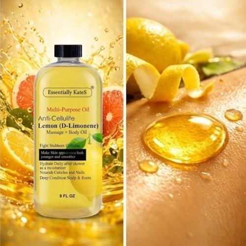 Essentially KateS Zitronen (D-Limonen) Massageöl Körperöl Mehrzwecköl 240 ml - Anti-Cellulite Massage, Feuchtigkeitspflege nach dem Duschen, Haarkopfhautpflege, Nagel- und Nagelhautpflege