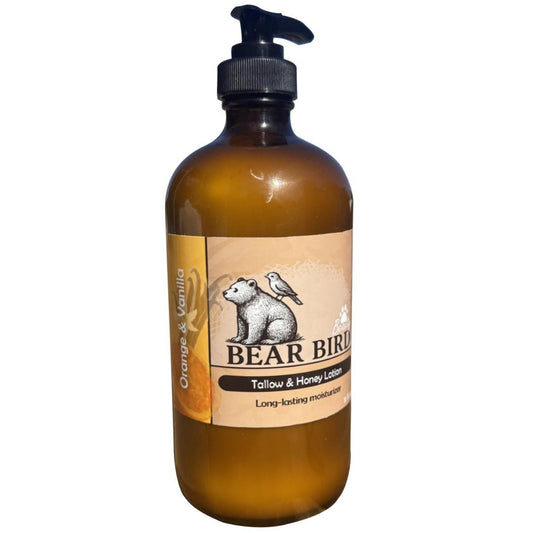 Bear Bird 100% Grass-Fed Tallow & Raw Honey Lotion mit Olivenöl, Orange & Vanille – 16 Fl Oz