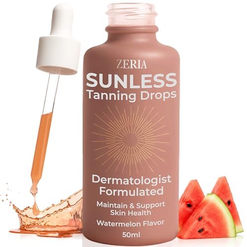 Zeria Bräunungstropfen zum Trinken – Sunless Tanning Drops für Gesicht & Körper – Veganer, essbarer Selbstbräuner mit Beta-Carotin – Natürlicher Glow & Melanin-Booster – Wassermelonen-Geschmack – 50 ml