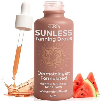 Zeria Bräunungstropfen zum Trinken – Sunless Tanning Drops für Gesicht & Körper – Veganer, essbarer Selbstbräuner mit Beta-Carotin – Natürlicher Glow & Melanin-Booster – Wassermelonen-Geschmack – 50 ml