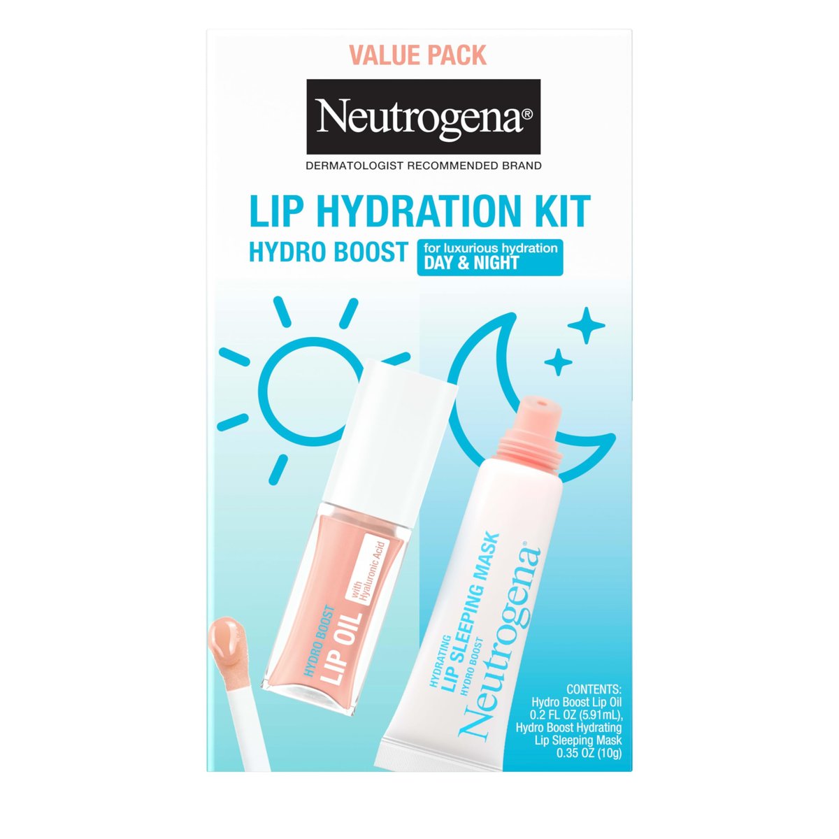 Neutrogena Hydro Boost Lip Hydration Kit: Tönendes Lippenöl & über Nacht Lippenmaske mit Hyaluronsäure – 2-teiliges Set für Tag & Nacht