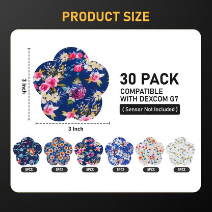 ANGTICS 30 Stück Dexcom G7 Over Patches, wasserdicht & schweißresistent, CGM Glukose-Monitor Stelo Patch mit Blumenformen, Easy-Peel Tab Klebepflaster langlebig 10-14 Tage (Navy Floral Dream)