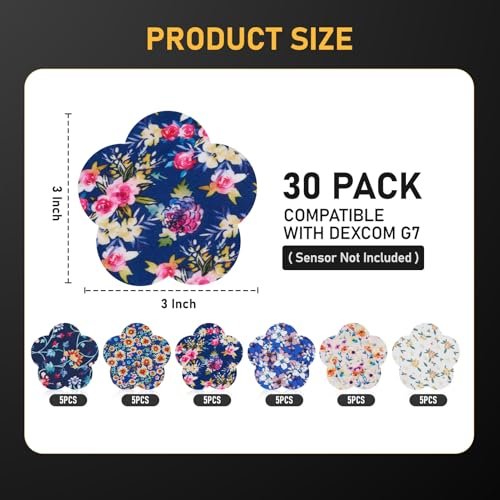 ANGTICS 30 Stück Dexcom G7 Over Patches, wasserdicht & schweißresistent, CGM Glukose-Monitor Stelo Patch mit Blumenformen, Easy-Peel Tab Klebepflaster langlebig 10-14 Tage (Navy Floral Dream)