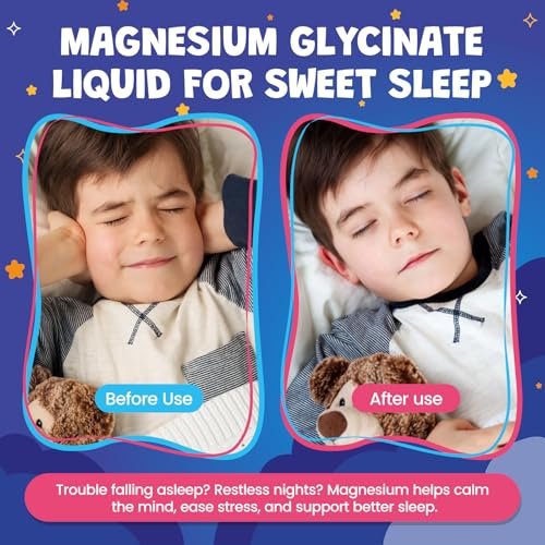 Magnesium Glycinat Flüssig für Kinder - Magnesiumcitrat mit L-Theanin, Kamille & Vitamin B6 - für Schlaf, Entspannung, Ruhe & Konzentration, gemischter Beerengeschmack 59 ml