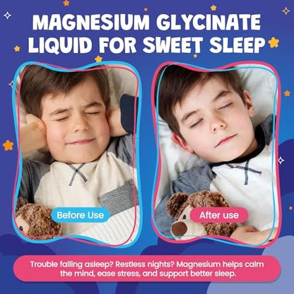 Magnesium Glycinat Flüssig für Kinder - Magnesiumcitrat mit L-Theanin, Kamille & Vitamin B6 - für Schlaf, Entspannung, Ruhe & Konzentration, gemischter Beerengeschmack 59 ml