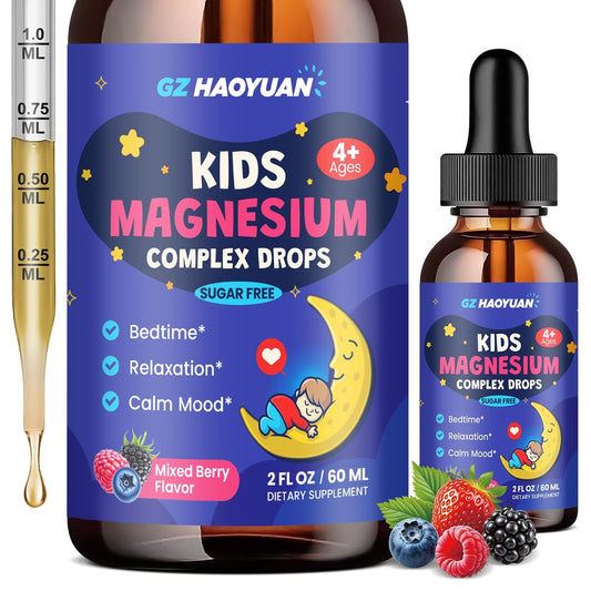 Magnesium Glycinat Flüssig für Kinder - Magnesiumcitrat mit L-Theanin, Kamille & Vitamin B6 - für Schlaf, Entspannung, Ruhe & Konzentration, gemischter Beerengeschmack 59 ml