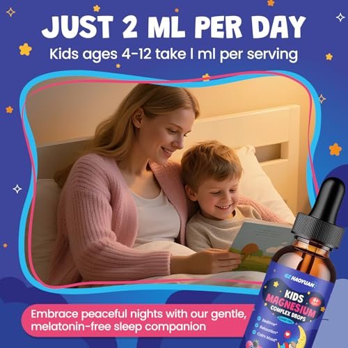 Kids Magnesium Liquid Drops - Magnesiumglycinat für Kinder, Citratflüssigkeit mit L-Theanin, Kamille & Vitamin B6 für Schlaf, Entspannung, Ruhe & Konzentration - Erdbeergeschmack, 59 ml