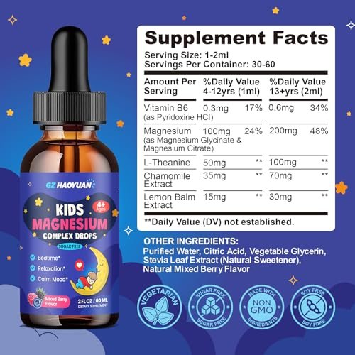 Magnesium Glycinat Flüssig für Kinder - Magnesiumcitrat mit L-Theanin, Kamille & Vitamin B6 - für Schlaf, Entspannung, Ruhe & Konzentration, gemischter Beerengeschmack 59 ml