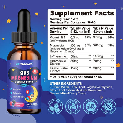 Magnesium Glycinat Flüssig für Kinder - Magnesiumcitrat mit L-Theanin, Kamille & Vitamin B6 - für Schlaf, Entspannung, Ruhe & Konzentration, gemischter Beerengeschmack 59 ml