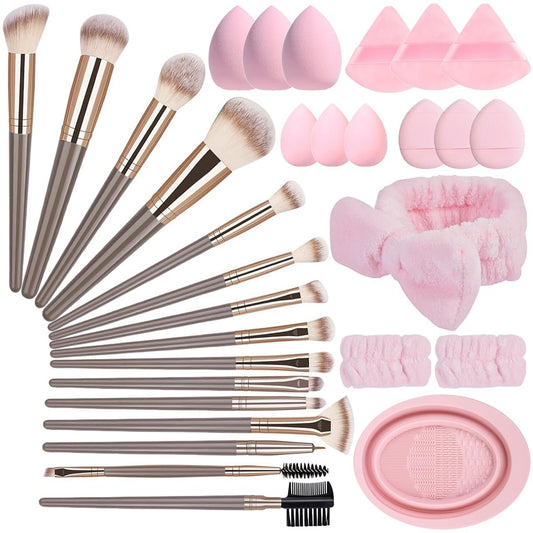 31-teiliges professionelles Make-up-Pinselset, 15 Premium-Synthetikpinsel mit 6 Make-up-Schwämmen, 6 Puderquasten, Spa-Stirnband & faltbarem Reinigungsbecken, komplettes Beauty-Set für Gesicht und Augen, Geschenkset