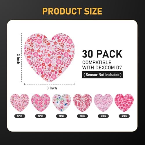 ANGTICS 30 Stück Dexcom G7 Klebepflaster, wasserdichte CGM-Sensor-Pflaster, herzförmige Aufkleber für Stelo, lang haftend 10-14 Tage (Petal Heart Romance)