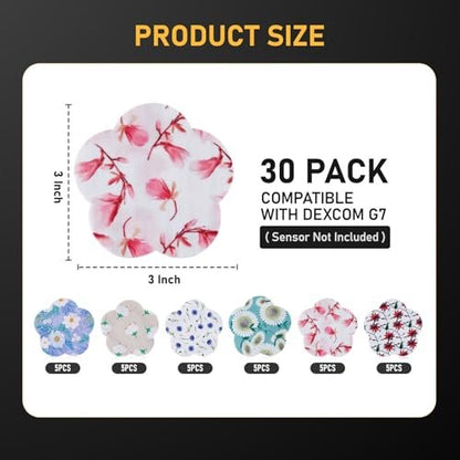 ANGTICS 30 Stück wasserdichte Dexcom G7 Patches, atmungsaktive CGM-Sensor-Patches mit Blumenformen, Easy-Peel-Tab Stelo Overpatch, Glukosemonitor-Patch langlebig 10-14 Tage (Wildflower Breeze)