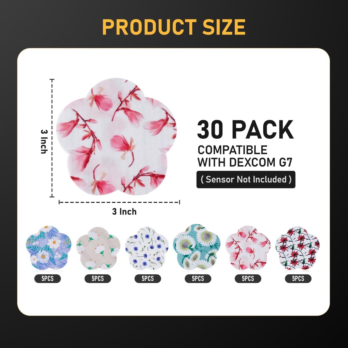 ANGTICS 30 Stück wasserdichte Dexcom G7 Patches, atmungsaktive CGM-Sensor-Patches mit Blumenformen, Easy-Peel-Tab Stelo Overpatch, Glukosemonitor-Patch langlebig 10-14 Tage (Wildflower Breeze)