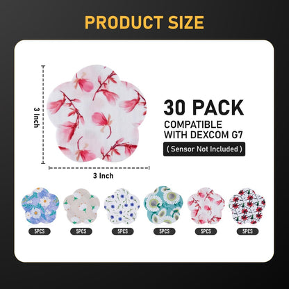 ANGTICS 30 Stück wasserdichte Dexcom G7 Patches, atmungsaktive CGM-Sensor-Patches mit Blumenformen, Easy-Peel-Tab Stelo Overpatch, Glukosemonitor-Patch langlebig 10-14 Tage (Wildflower Breeze)