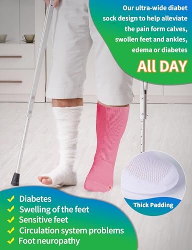 2 Paar Weite Diabetikersocken für geschwollene Füße, Lymphödem Socken, Nicht einschnürende Socken, Diabetikersocken für Damen & Herren (Rosa)