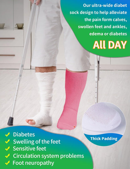2 Paar Weite Diabetikersocken für geschwollene Füße, Lymphödem Socken, Nicht einschnürende Socken, Diabetikersocken für Damen & Herren (Rosa)