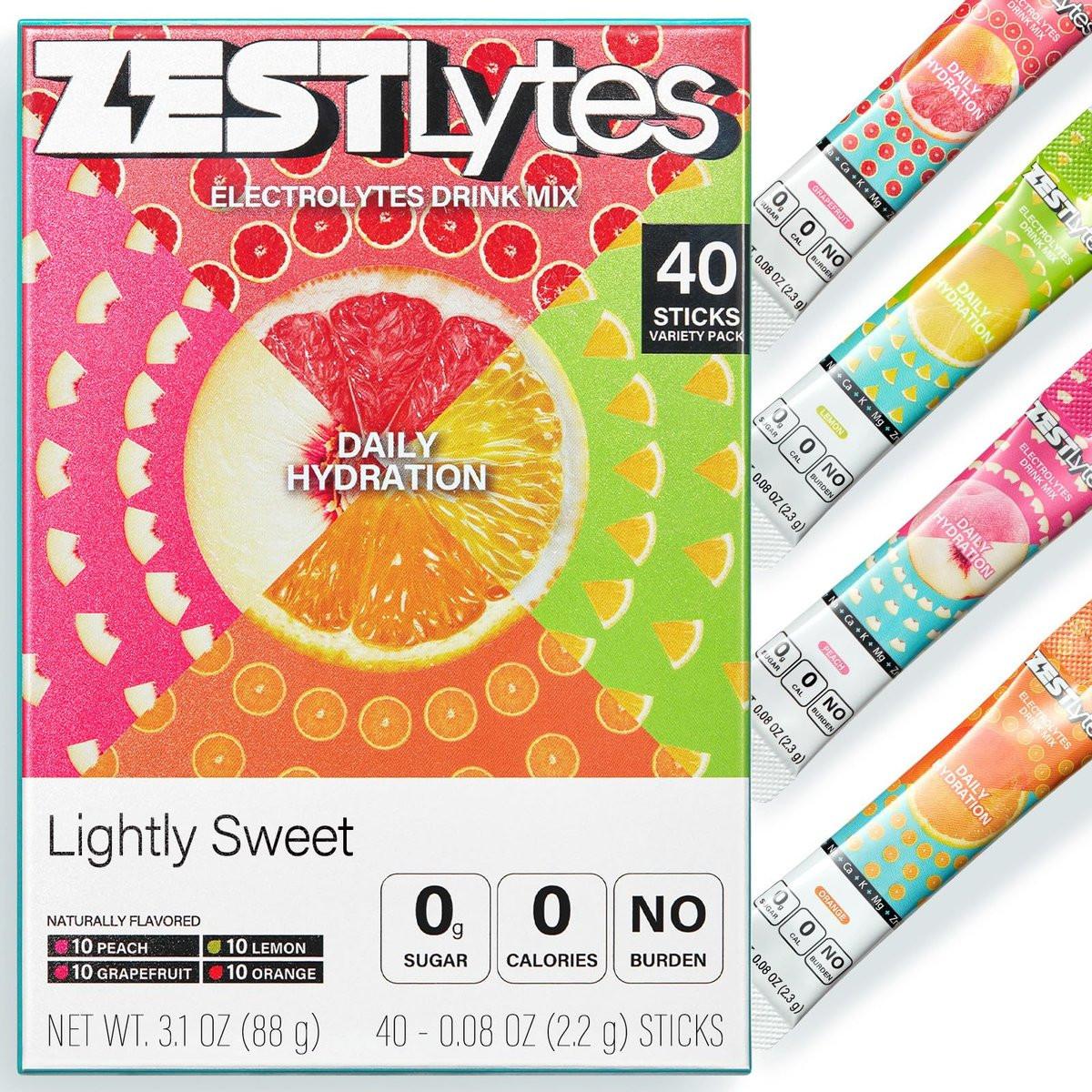 ZestLytes 40 Sticks Elektrolyt-Pulver – Zuckerfrei, Kalorienfrei, Natriumarm – Leicht Gesüßt – Geschmacksrichtungen Zitrone, Orange, Pfirsich, Grapefruit