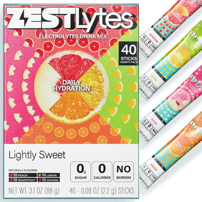 ZestLytes 40 Sticks Elektrolyt-Pulver – Zuckerfrei, Kalorienfrei, Natriumarm – Leicht Gesüßt – Geschmacksrichtungen Zitrone, Orange, Pfirsich, Grapefruit