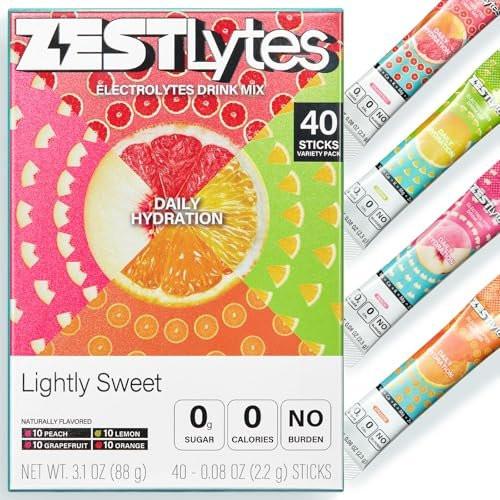 ZestLytes 40 Sticks Elektrolyt-Pulver – Zuckerfrei, Kalorienfrei, Natriumarm – Leicht Gesüßt – Geschmacksrichtungen Zitrone, Orange, Pfirsich, Grapefruit