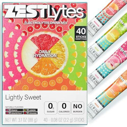 ZestLytes 40 Sticks Elektrolyt-Pulver – Zuckerfrei, Kalorienfrei, Natriumarm – Leicht Gesüßt – Geschmacksrichtungen Zitrone, Orange, Pfirsich, Grapefruit
