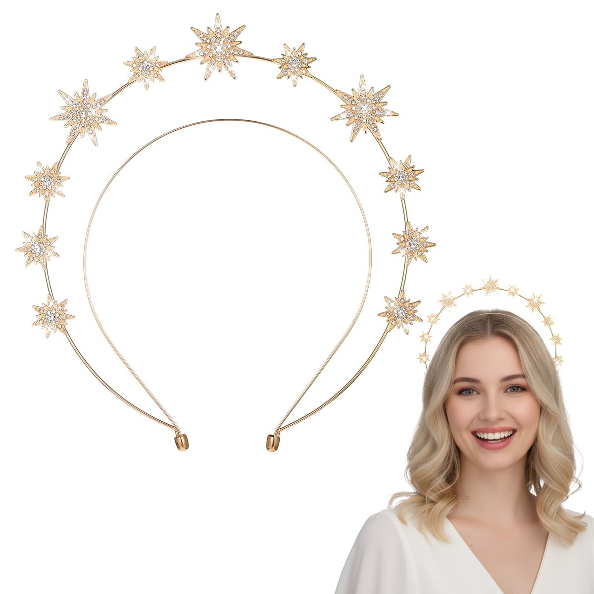Tweruna Gold Halo Kopfband, Kristall Stern Halo Krone, 4,9 Zoll Durchmesser Gold Strass Göttin Kopfschmuck, Glitzer Tiaras für Frauen Braut Hochzeit Cosplay Party Haaraccessoires