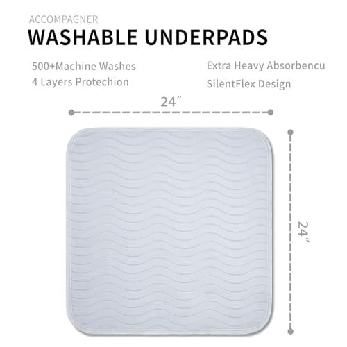 Accompagner Inkontinenz-Bettunterlagen waschbar wasserdicht, saugstarke wiederverwendbare Unterlagen für Windelwechsel, Pflege, bettlägerige Erwachsene, Senioren, Kinder und Hunde (Perlgrau, 24"x24" (4er-Pack))