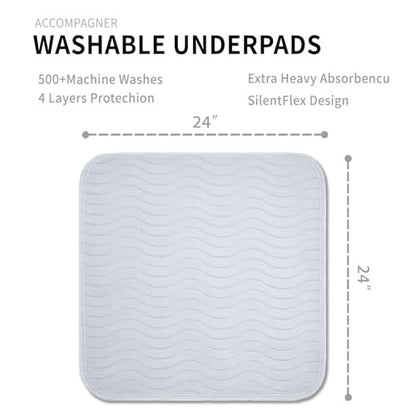 Accompagner Inkontinenz-Bettunterlagen waschbar wasserdicht, saugstarke wiederverwendbare Unterlagen für Windelwechsel, Pflege, bettlägerige Erwachsene, Senioren, Kinder und Hunde (Perlgrau, 24"x24" (4er-Pack))