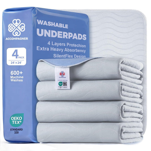 Accompagner Inkontinenz-Bettunterlagen waschbar wasserdicht, saugstarke wiederverwendbare Unterlagen für Windelwechsel, Pflege, bettlägerige Erwachsene, Senioren, Kinder und Hunde (Perlgrau, 24"x24" (4er-Pack))
