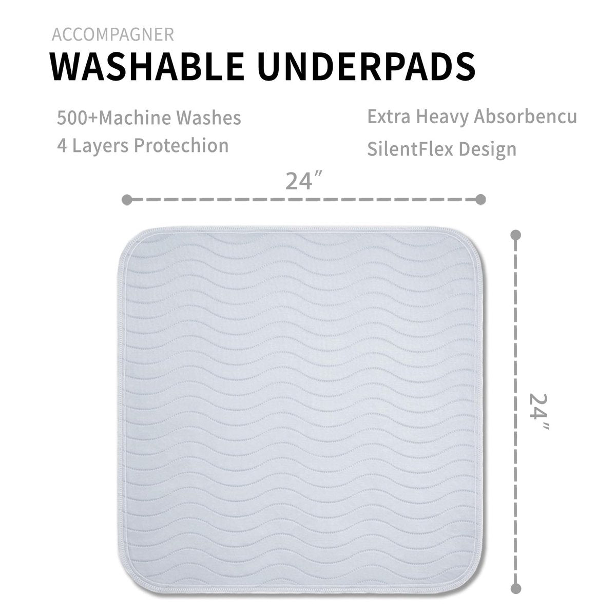 Accompagner Inkontinenz-Bettunterlagen waschbar wasserdicht, saugstarke wiederverwendbare Unterlagen für Windelwechsel, Pflege, bettlägerige Erwachsene, Senioren, Kinder und Hunde (Perlgrau, 24"x24" (4er-Pack))